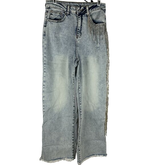 Blue B High-Waisted Light Wash Fringe Embellished Jeans With Raw Hem Size L - Picture 1 of 8